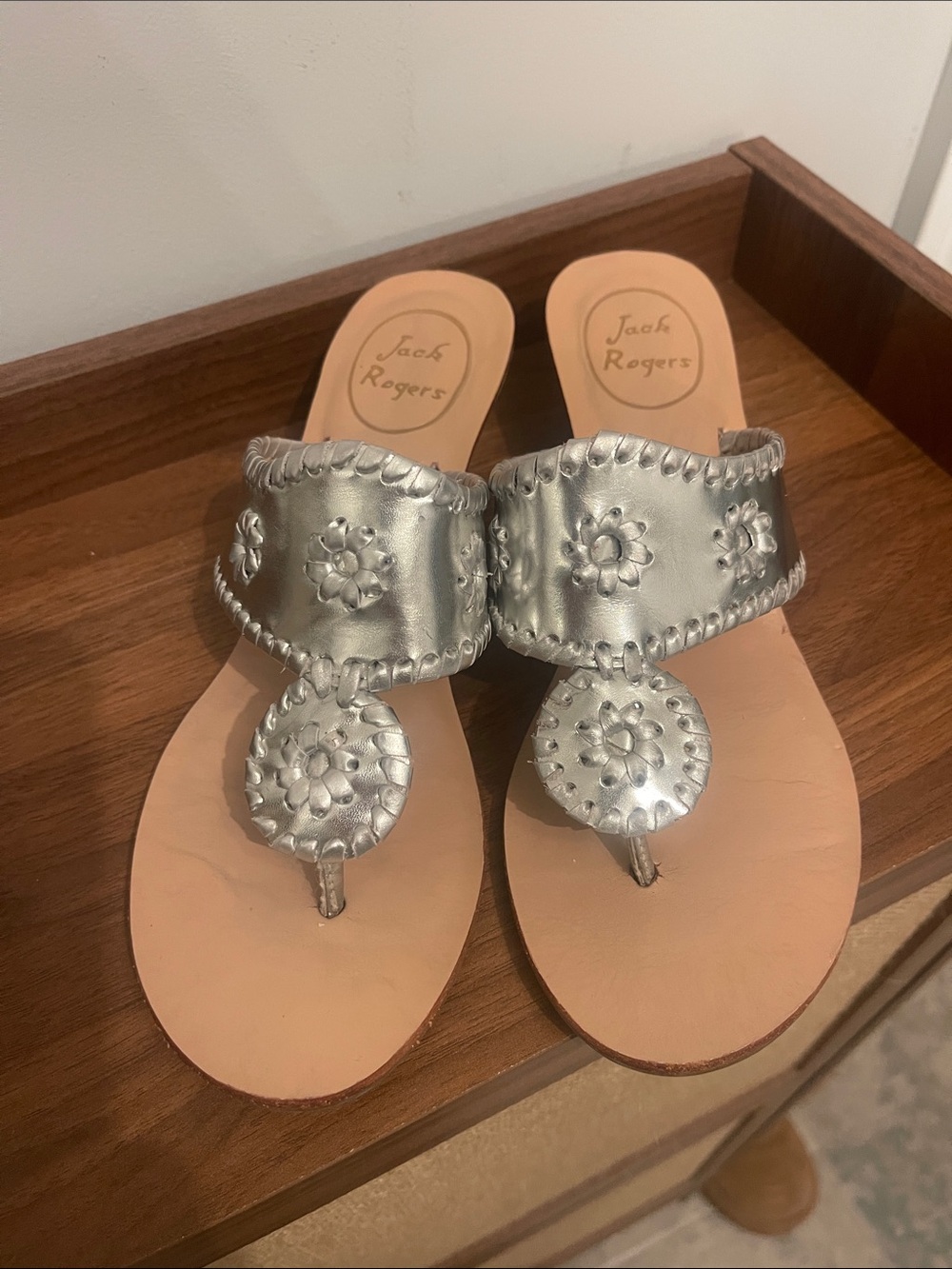 Jack Rogers Silver Leather Thong Sandals with Floral Medallions